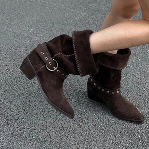 Nuovi Stivali Western Marroni Impilabili Invernali, Vendita all'Ingrosso, Stivaletti da <span class=keywords><strong>Donna</strong></span> con Punta Affusolata e Tacco Grosso - Product Image 4