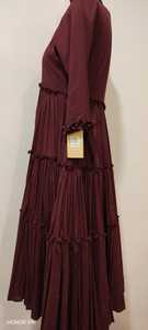 Vestido plisado de manga larga con cuello redondo color granate para mujer, informal, de otoño, color liso, largo hasta la rodilla, de tela crepé, corte regular - Product Image 2