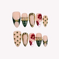 Ongles à presser en acrylique, forme amande, avec pointe française, motif floral, strass et bordure dorée - Logo personnalisable, longueur moyenne, pour usage quotidien et fêtes