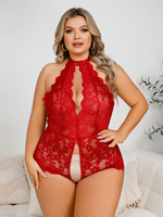 Bodysuit transparan berenda elastis model V-neck dalam, untuk wanita gemuk ukuran besar.