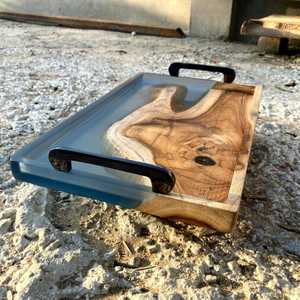 High Quality Handmade Eco-Friendly Durable Resin Serving Tray Rectangle Modern Design Polished Finish with <b>Black</b> Handles - Product Image 1