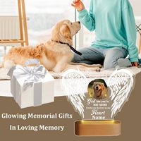 Lampe de nuit commémorative personnalisée pour animaux de compagnie - Lampe en acrylique personnalisée avec des ailes d'ange, photo, nom, base en bois LED pour la mémoire des chiens et des chats