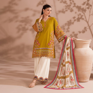 Traditional Indian Pakistani <b>Women's</b> Mustard Cotton <b>Kurta</b> Set With Floral Embroidery Loose Fit Ankle-Length Casual Wear - Product Image 1