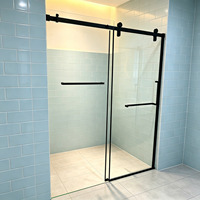 Cabine de douche coulissante sans cadre noire, paroi de douche en verre trempé avec roulettes suspendues