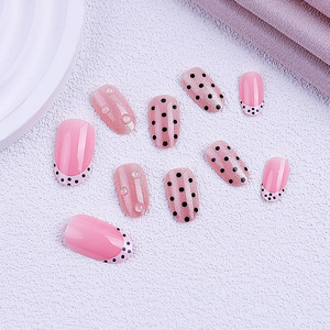 <span class=keywords><strong>Uñas</strong></span> Postizas de Salón en Color Rosa Nude, Cortas <span class=keywords><strong>y</strong></span> Ovaladas, con Efecto Ojo de Gato Magnético, Puntos Negros, Diseño Francés Blanco, Hechas a Mano - Product Image 3