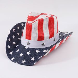 High Quality Cool Texas Style Paper Straw Wholesale Man's Wide Brim Cowboy Sun <strong>Hats</strong> With Classic Usa Flag Painting - Product Image 5
