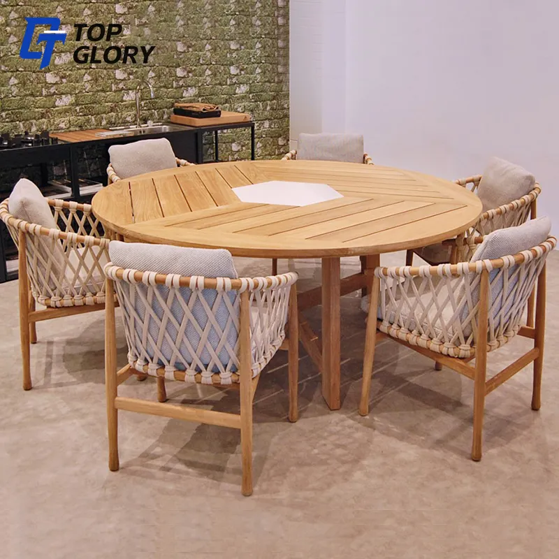 TG luxus-tisch und stuhl für garten, entwurf aus teakholz und kaffee, mit rundem seil geflochten, für 6 personen