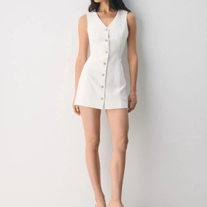 Chaleco de Traje Blanco Tejido para Mujer, Sin Mangas, Ajustado a la Cintura, Cierre de un Solo Botón, con Bolsillos, para Uso Casual - Product Image 1