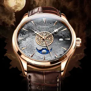 2022 Neues Design Mondphasen-Display Rock Dial Herren Mechanische Uhr LOBINNI 17015 Top Brand Watch Automatisches Handgelenk