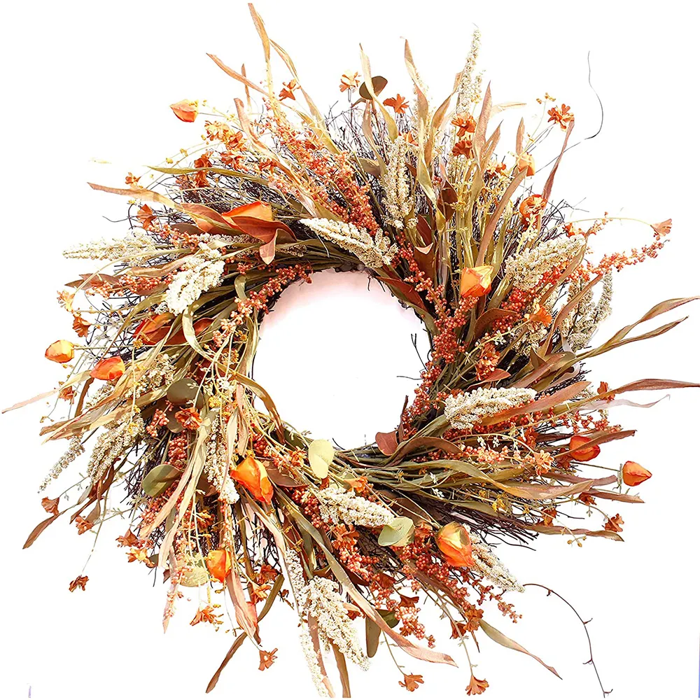 Large Farmhouse Autumn Harvest Wreath Front Door Wall Window Decoration Wheat and Straw Artificial Fall Harvest Wreath