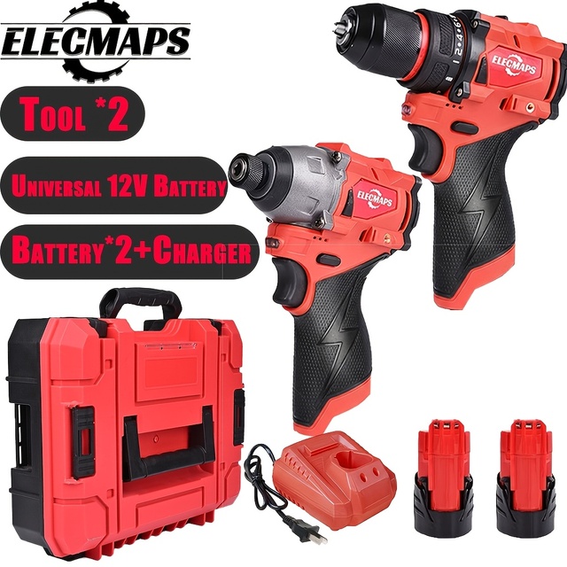 2pcs OEM Aluminium Alloy Power Tool Set 3/8 Inch Impact Drill 1/4 Inch Cordless Impact Driver Battery Charger Included for Tight