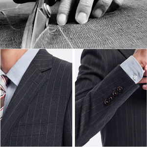 Costume 3 pièces de haute qualité à rayures, 66% polyester, revers crantés, coupe ajustée, formel, pour hommes - Product Image 5