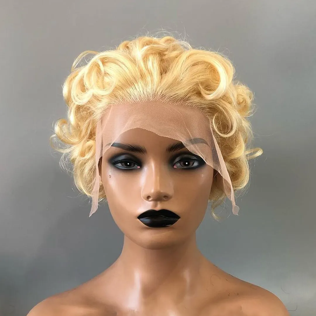 613 Blonde Short Glueless Pixie Cut Wigs Human Hair Lace Frontal Wigs Pre Plucked Curly with Baby Hair Brazilian for Women