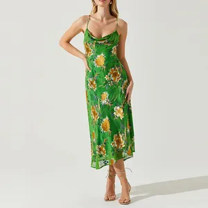 OEM Summer New Sexy Beach Ladies Floral Print Sleeveless V Neck Slit Midi Dress For Women