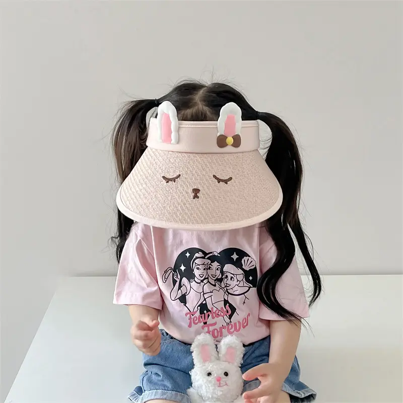 FF1366 Adjustable Boys Girs Bunny Straw Visor Summer Baby Beach Sun Visor Hat Packable Kids Toddler Straw Sun Visor