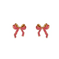 Pendientes de botón con lazo de cinta en forma de gota de aceite rosa dulce, de aleación de zinc en tono dorado, con lazo 3D y efecto perla, para perforación de oreja.