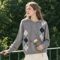 100% Reiner Kaschmir-Hoodie-Pullover für Damen mit Rautenmuster, Langarm, Herbst-Winter, Individuelles Logo, Geringe Mindestbestellmenge 10 Stück