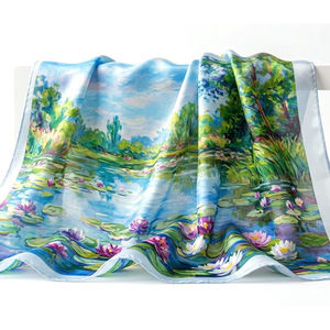 Écharpe en soie personnalisée, motif peinture à l'huile impressionniste, soie de mûrier de luxe, imprimée numériquement, grand châle carré, vente en gros - Product Image 1