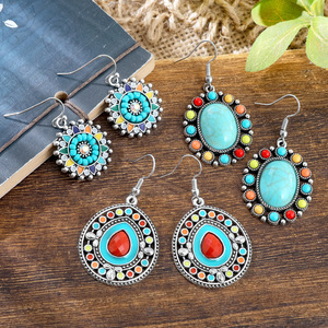 Juego de pendientes colgantes de moda, pendientes de aleación turquesa para mujer, joyería bohemia para fiesta, diseño de flor con engaste de bisel - Product Image 2