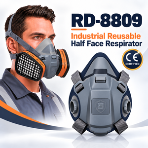 Respirador de media cara con certificación CE, a prueba de polvo, ligero, reutilizable, lavable, con doble filtro de gases ácidos, antivaho, de silicona. - Product Image 1