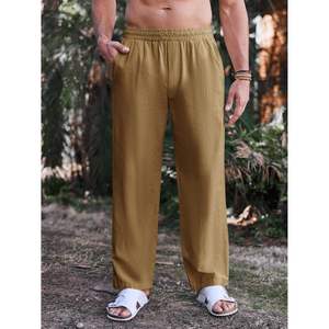 2025 Men's <b>Linen</b> Cotton <b>Trousers</b> Bleached Decoration Casual Loose Fit Straight-Leg Beach Yoga Lounge Elastic Waist B0CDWQGR9N - Product Image 4