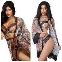 Ensemble de lingerie 3 pièces OEM à imprimé floral léopard avec dentelle, soutien-gorge, culotte et robe transparente à ceinture pour femme, tenue de nuit