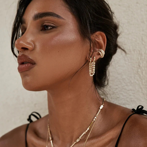 <b>CANNER</b> Brass Ear Buckle Double Hoop Colored CZ Turquoise Chain Tassel Connected Earrings for Women - Product Image 3