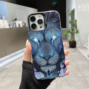 Luxe Big <span class=keywords><strong>Lion</strong></span> Impression <span class=keywords><strong>Argent</strong></span> Galvanisé Clé TPU PC Housse de Téléphone Portable pour Iphone X Xr Xs 11 12 13 14 15 16 17 Pro Max - Product Image 1