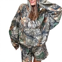 Ensemble 2 pièces pour femme, imprimé camouflage, sweat à capuche et short, coupe ample, manches longues, respirant, tricoté, décontracté, toutes saisons