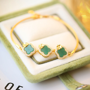 Bracciale Vintage Aimgal con Quadrifoglio, Giada <span class=keywords><strong>Africana</strong></span> Naturale e Turchese Intarsiati, Placcato Oro 18k, Argento 925, Lusso Trendy - Product Image 4