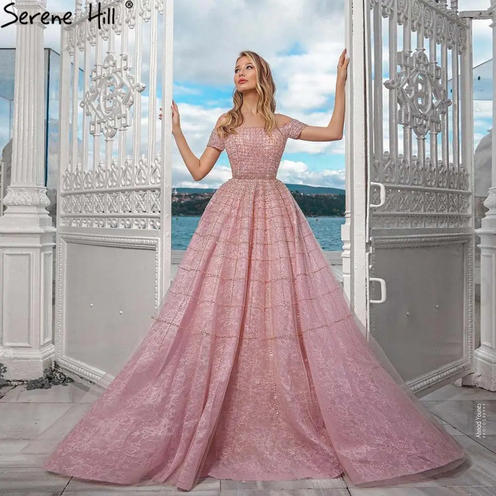 Pink Off Shoulder Kurzarm Abend Lange Ballkleider Serene Hill LA70263 Dubai Eine Linie Perlen Party kleider Für Frauen Tragen