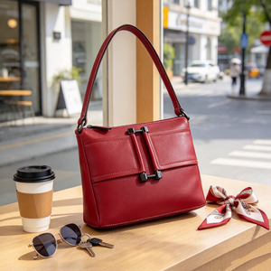 Bolso de Hombro Rojo Vibrante con Decoración Metálica Única, Múltiples Bolsillos Frontales y Cierre de Cremallera, Bolso de Mano Diario para Mujer - Product Image 5