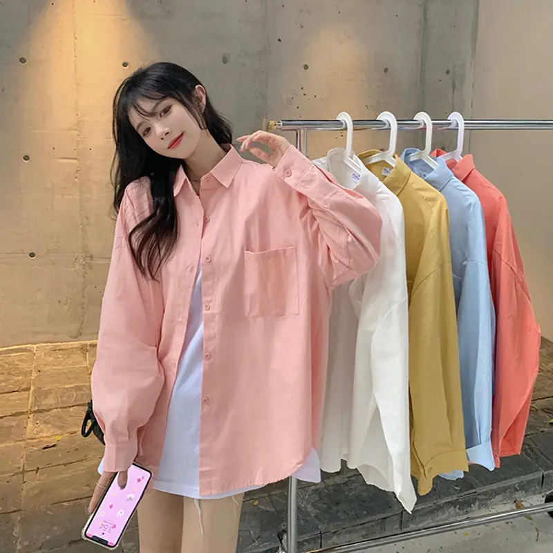 Pink shirt women's spring autumn 2023 new style loose long-sleeved top small shirt versatile coat modest blouses & shirts