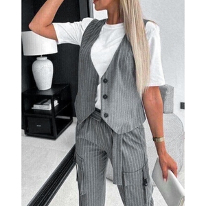 Conjunto Casual de 2 Piezas para Mujer, Chaleco Estampado a Rayas con Bolsillos y Pantalones, Moda Casual - Product Image 3