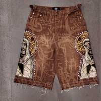 Shorts en jean décontractés pour homme, coupe ample, imprimé graffiti artistique, bords bruts, avec appliqué motif religieux et strass, collection été personnalisée