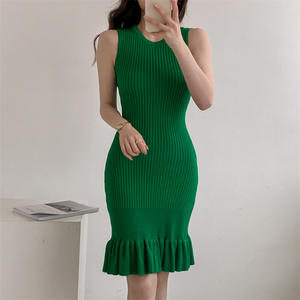 2025 sin mangas plisado Slim-Fit Midi vestido verde Otoño Invierno ropa suéter vestido tejido suéter vestido - Product Image 5