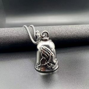 Tibetan Silver Bell Pendant <b>With</b> Prayer Hands <b>Cross</b> Design Unisex Necklace For Motorcycle Riding Lucky Exorcism Charm - Product Image 4