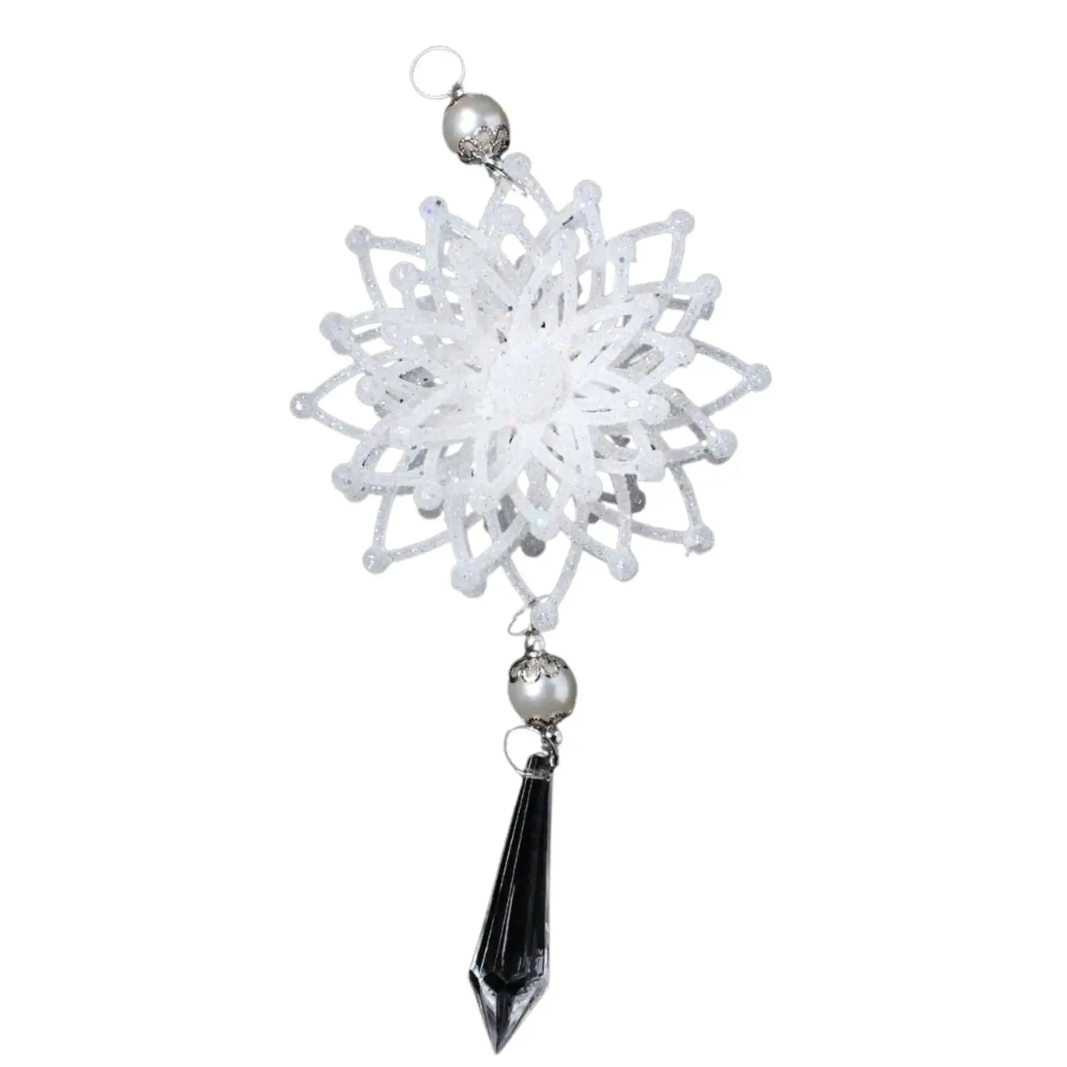 Christmas Snowflake Ornaments Acrylic 3D Glitter White Snowflake Ornaments with Crystal Pendant for Christmas Tree Decorations