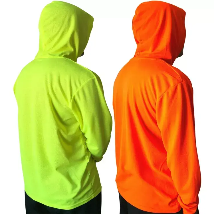 Kemeja Kustom Hi Vis Dry Fit Konstruksi Lengan Panjang Kemeja Reflektif Keselamatan Kemeja Katun Cepat Kering dengan Hoodie