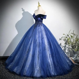 Elegant Navy Blue Off-The-Shoulder Evening Dress With Floral Print And Sheer Layer Long Tutu Skirt Empire Waistline - Product Image 3