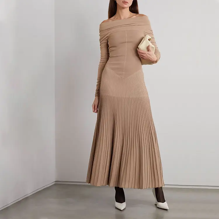 knitwear factory custom maxi dress long sleeve Beige formal knit half long sweater dresses winter women european