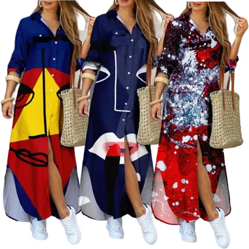 Herbst langes einreihiges Kleid Digitaldruck-Hemd kleid Plus Size 4XL 5XL Vestido Women Pocketed Elegant Casual Dress Neu