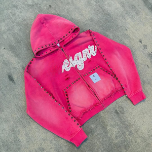 Sweat à capuche unisexe rose 100 % coton avec patch lettre brodé, appliqué, strass, fermeture éclair, rivets et effet délavé rétro - Product Image 2