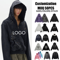 Sudadera con capucha de invierno personalizada para hombre, de algodón, con pedrería, hombros caídos, cremallera, peso pesado, bordado de parches, cortavientos, ecológica