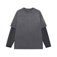 T-shirt à manches longues pour homme, effet vieilli, double couche, style vintage, surdimensionné, faux deux pièces, manches en maille