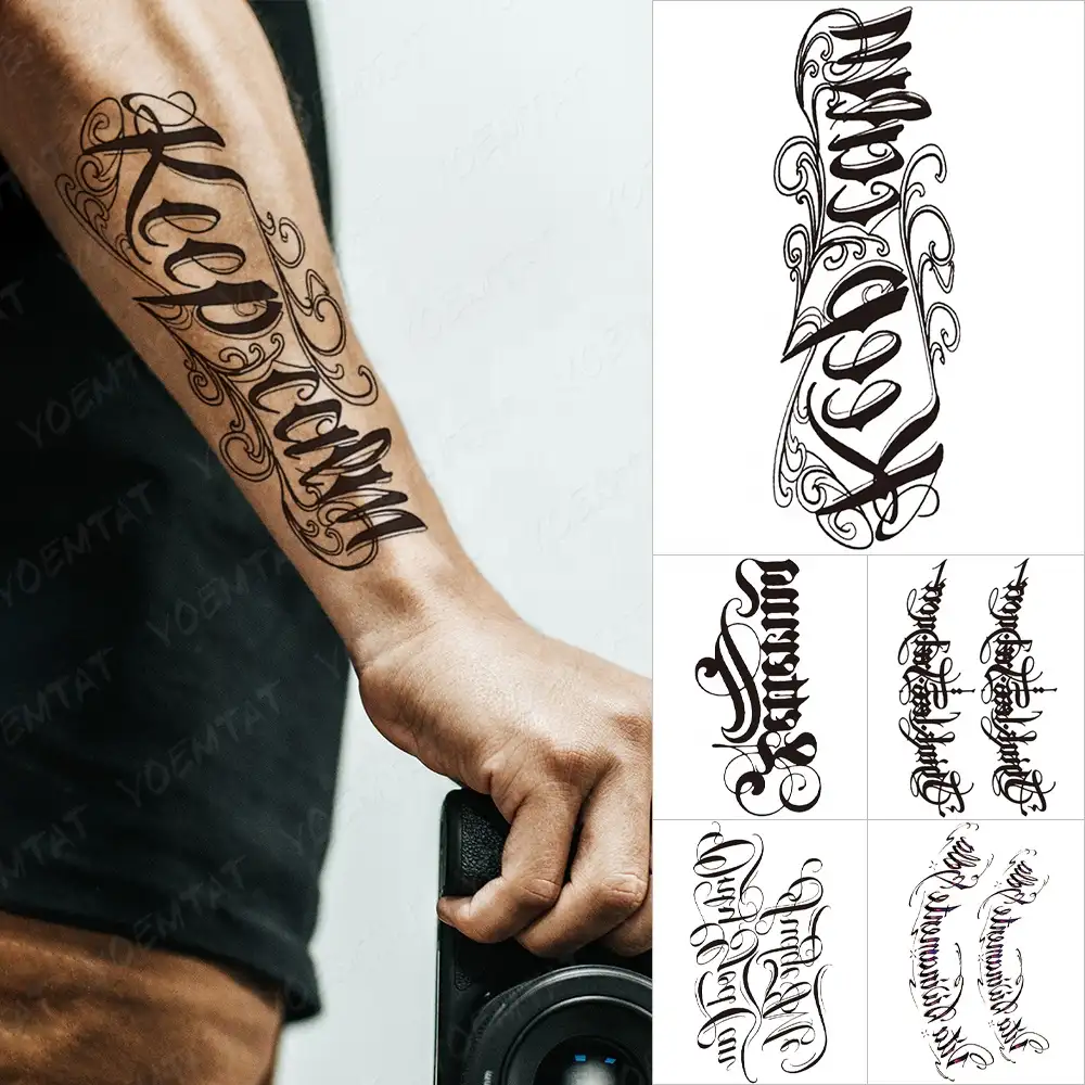Carattere per scrittura a mano adesivo per tatuaggio temporaneo impermeabile testo parola Chicano scritte Body Art braccio polso tatuaggio finto per donna uomo