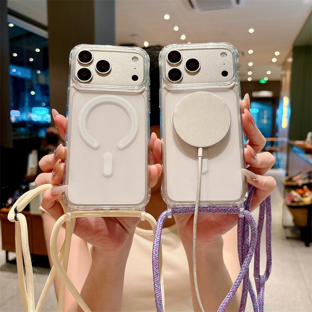Crossbody Lanyard Magnetic Case For iPhone 17 Air 16 15 14 13 Pro Max Plus Hard PC Acrylic Transparent Back Cover