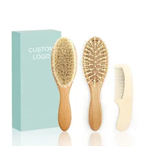 Gloway Infant Grooming Kit Natural Soft Goat Hairs Baby Comb and Brush Set Wooden Baby Hair Brush Set for Newborn and Toddler