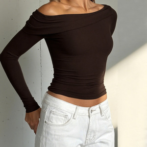 Blouses et hauts à manches longues sexy à épaules inclinées pour femmes Blouses blanches solides et ajustées pour femmes - Product Image 3
