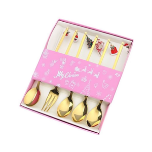 Ensemble de cuillères et fourchettes à thème de Noël, 6 pièces, en métal doré, pour décorations de fêtes de fin d'année - Product Image 1